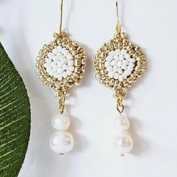 2/$27 | Genuine Pearl Shield Beaded Indigenous Hoop Earrings | Handmade - Picture 1 of 5